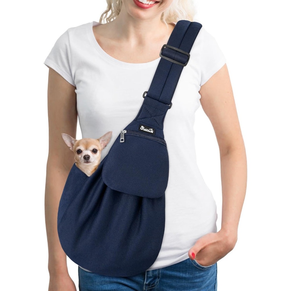 image:imageSlowTon Dog Carrier Sling Thick Padded Shoulder Strap Adjustable Dog Carriers for Small Dogs Puppy Carrier Purse for Pet Cat with Front Zipper Pocket Safety Belt Machine Washable Navy Knitted SFNavy Knitted Fabric