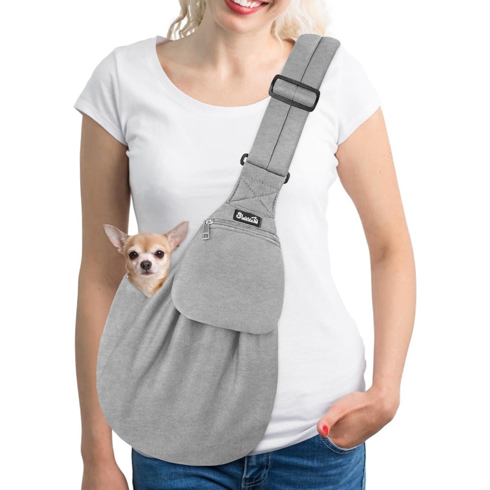image:imageSlowTon Dog Carrier Sling Thick Padded Shoulder Strap Adjustable Dog Carriers for Small Dogs Puppy Carrier Purse for Pet Cat with Front Zipper Pocket Safety Belt Machine Washable Navy Knitted SDLight Grey Knitted Fabric