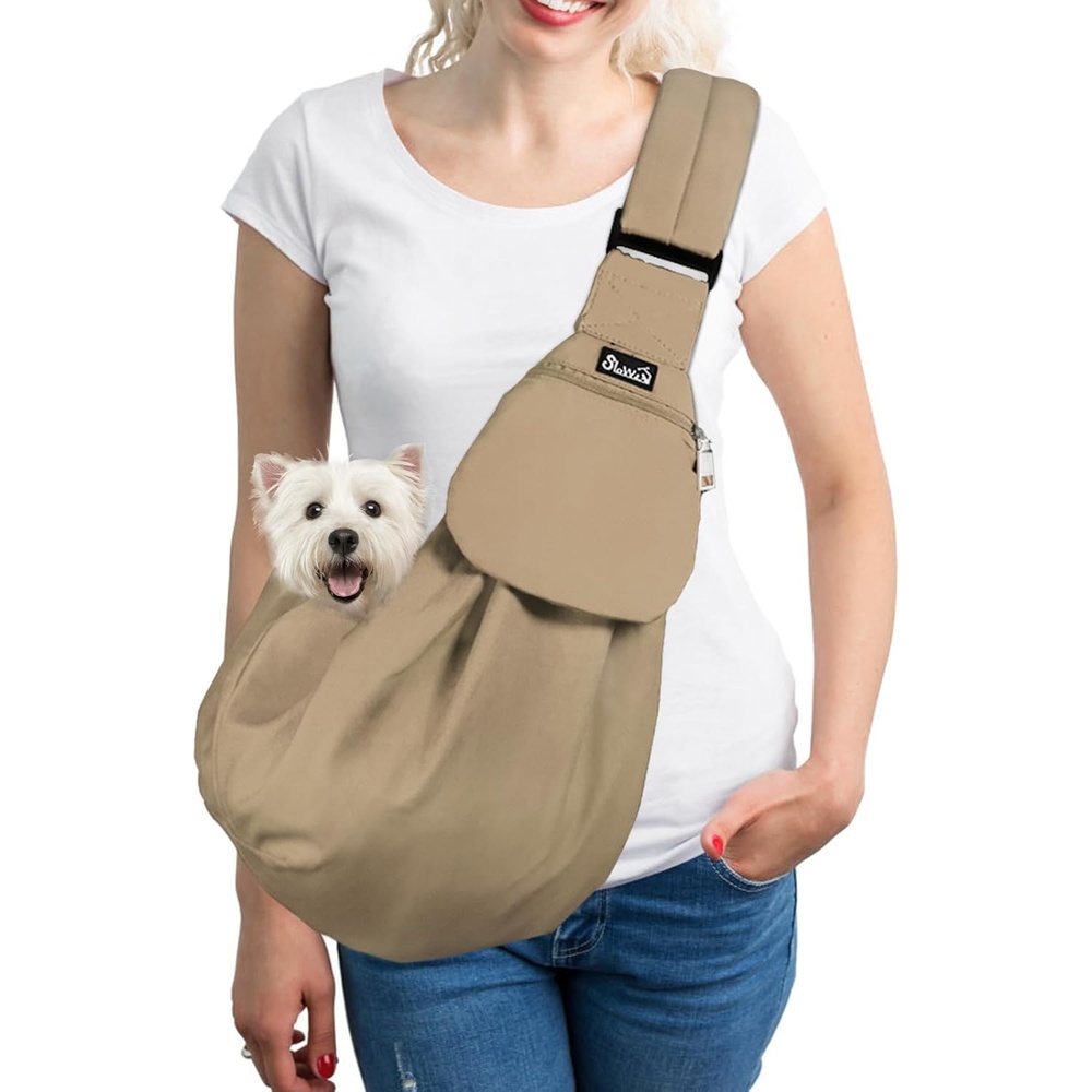 image:imageSlowTon Dog Carrier Sling Thick Padded Shoulder Strap Adjustable Dog Carriers for Small Dogs Puppy Carrier Purse for Pet Cat with Front Zipper Pocket Safety Belt Machine Washable Navy Knitted SLBrown WaterResistant