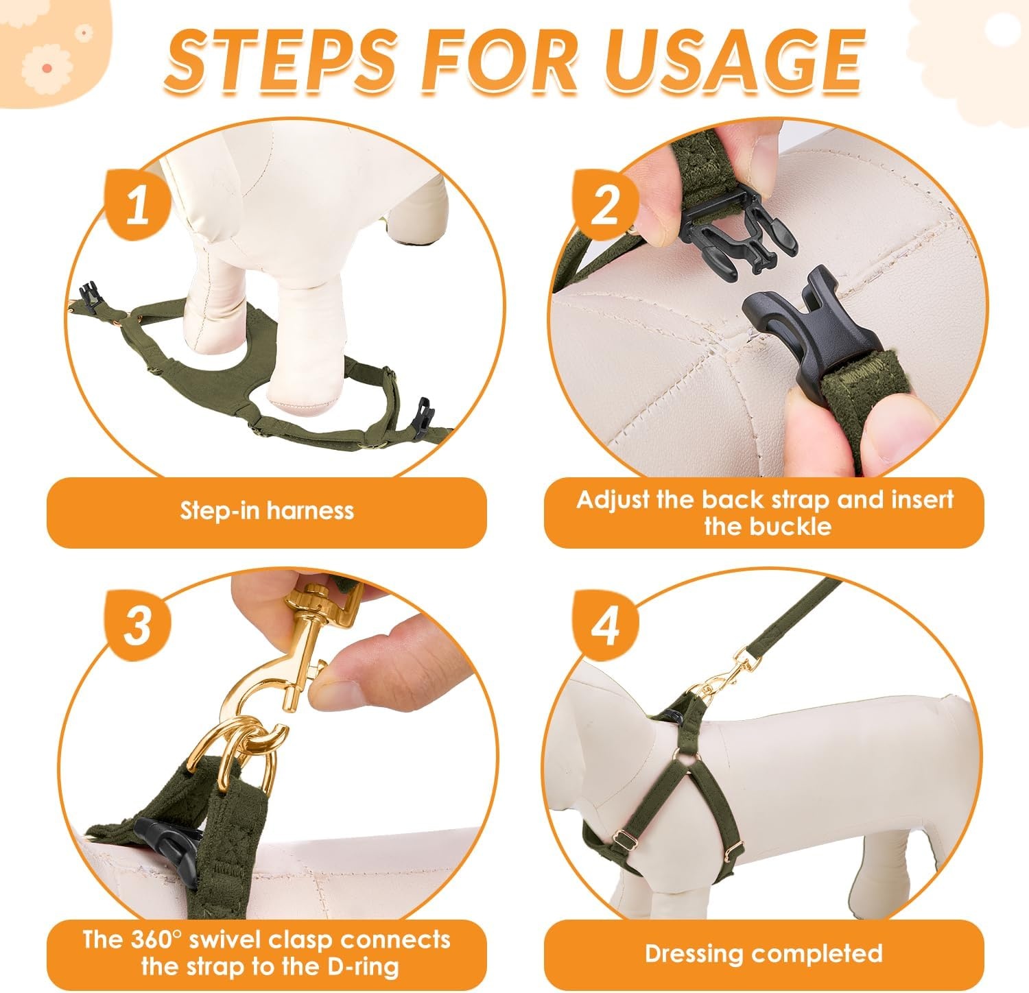image:imageSlowTon Dog Harness Small Sized Dog Soft XXS Dog Harness and Leash Set No Pull No Chock Adjustable Lightweight Puppy Harness for XS Small Medium Dogs Cats Purple Dasiy XXSSolid Military Green