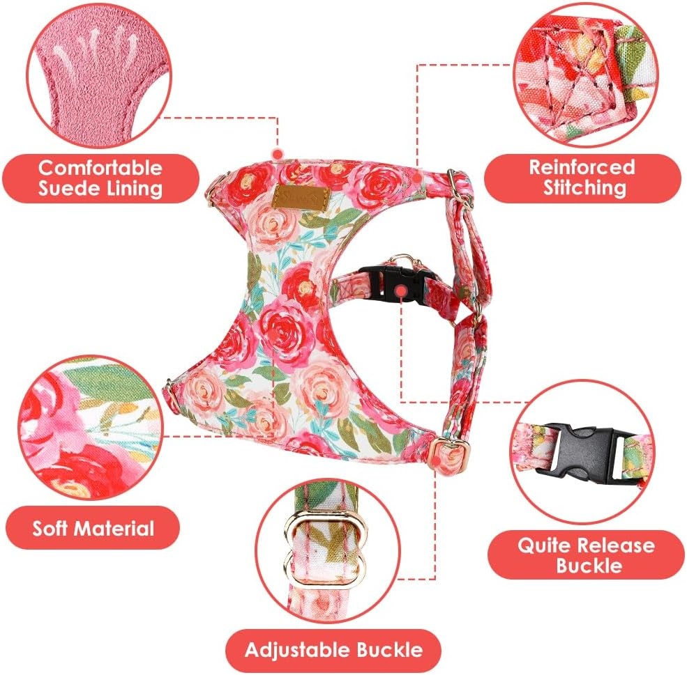 image:imageSlowTon Dog Harness Small Sized Dog Soft XXS Dog Harness and Leash Set No Pull No Chock Adjustable Lightweight Puppy Harness for XS Small Medium Dogs Cats Purple Dasiy XXSPink Rose