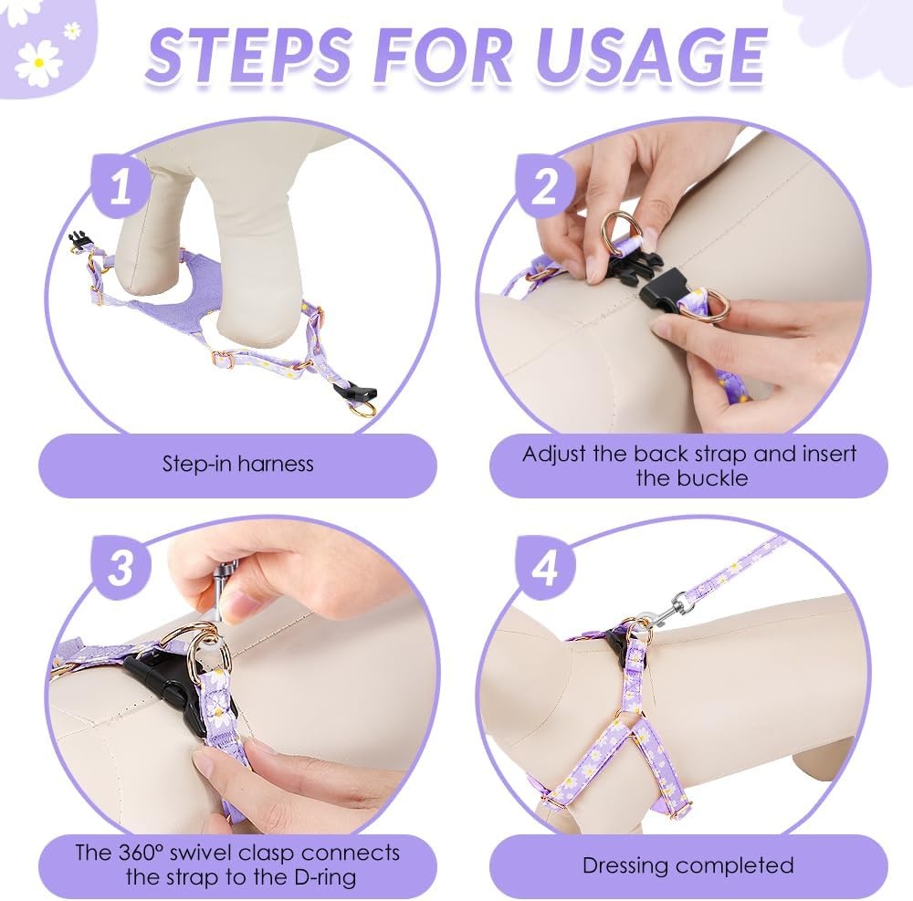 image:imageSlowTon Dog Harness Small Sized Dog Soft XXS Dog Harness and Leash Set No Pull No Chock Adjustable Lightweight Puppy Harness for XS Small Medium Dogs Cats Purple Dasiy XXSPurple Daisy
