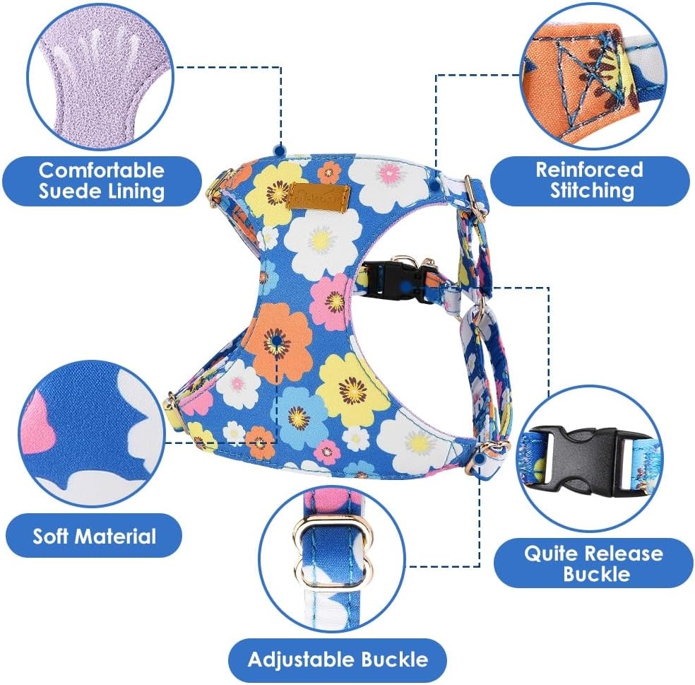 image:imageSlowTon Dog Harness Small Sized Dog Soft XXS Dog Harness and Leash Set No Pull No Chock Adjustable Lightweight Puppy Harness for XS Small Medium Dogs Cats Purple Dasiy XXSBlue Flower