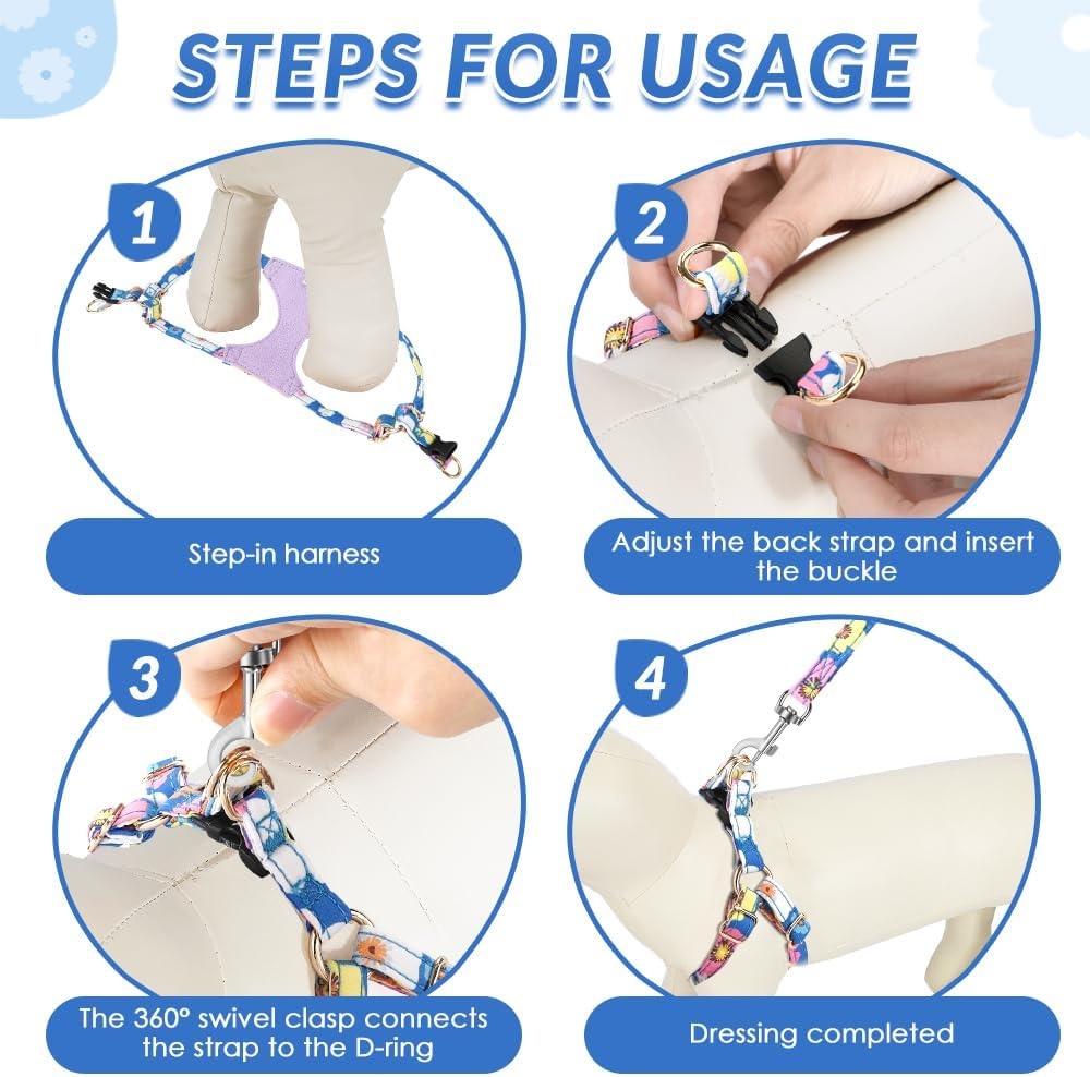 image:imageSlowTon Dog Harness Small Sized Dog Soft XXS Dog Harness and Leash Set No Pull No Chock Adjustable Lightweight Puppy Harness for XS Small Medium Dogs Cats Purple Dasiy XXSBlue Flower