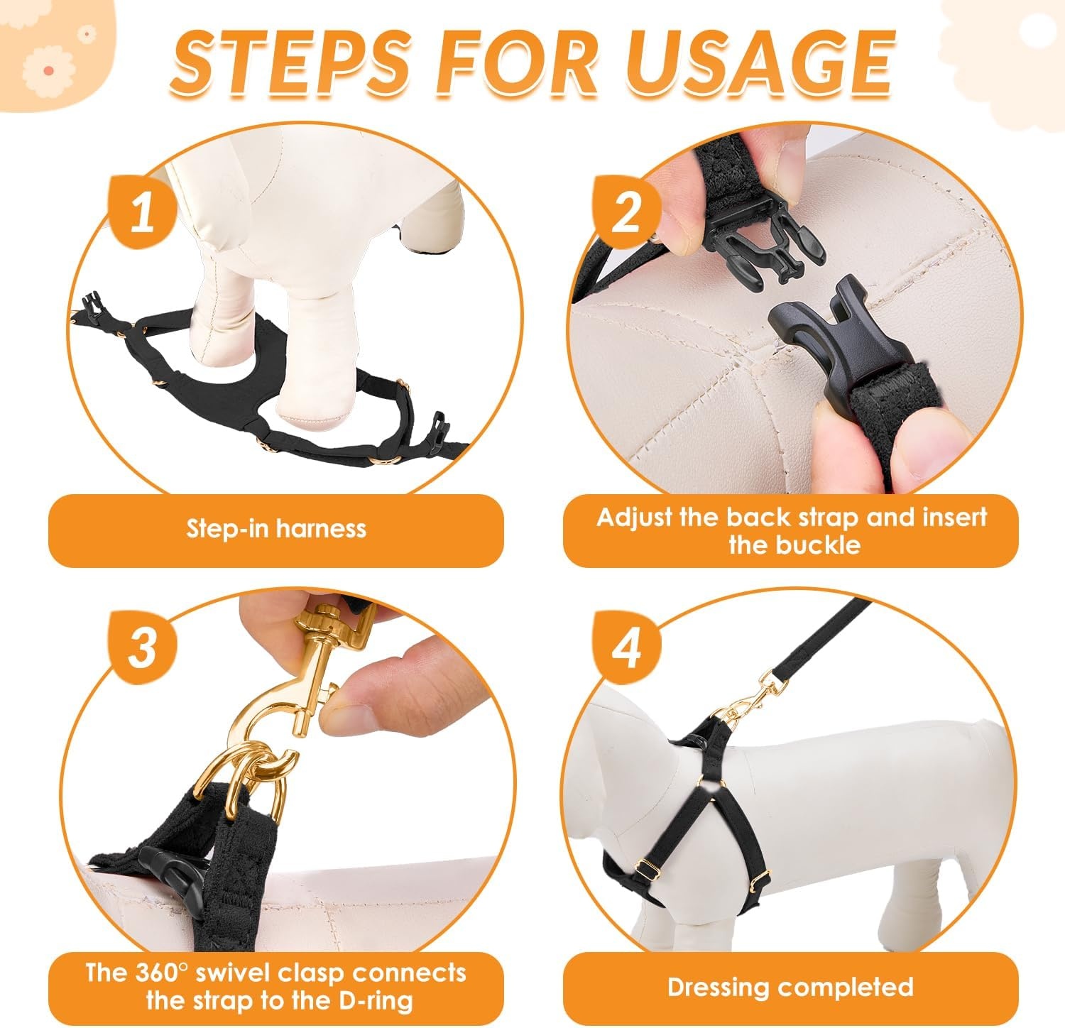 image:imageSlowTon Dog Harness Small Sized Dog Soft XXS Dog Harness and Leash Set No Pull No Chock Adjustable Lightweight Puppy Harness for XS Small Medium Dogs Cats Purple Dasiy XXSSolid Black