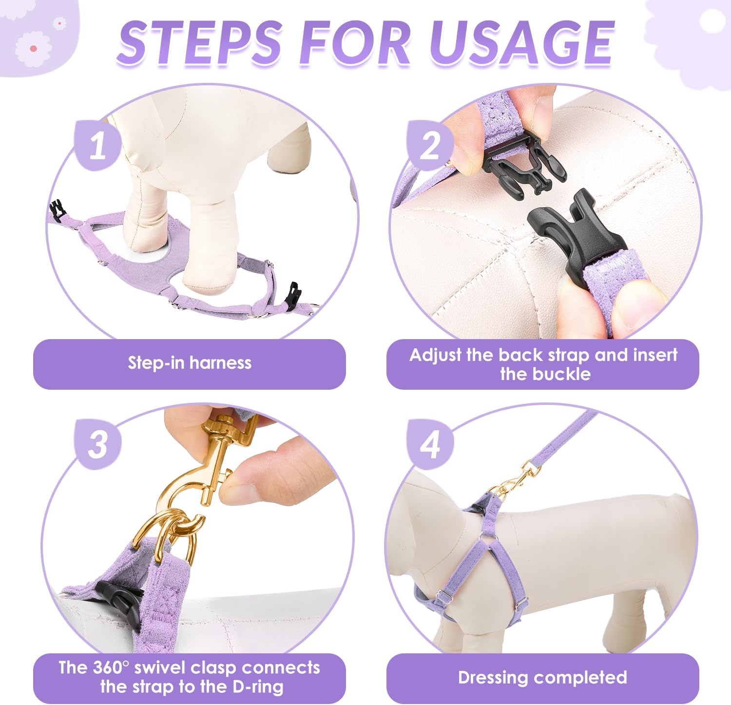 image:imageSlowTon Dog Harness Small Sized Dog Soft XXS Dog Harness and Leash Set No Pull No Chock Adjustable Lightweight Puppy Harness for XS Small Medium Dogs Cats Purple Dasiy XXSSolid Purple