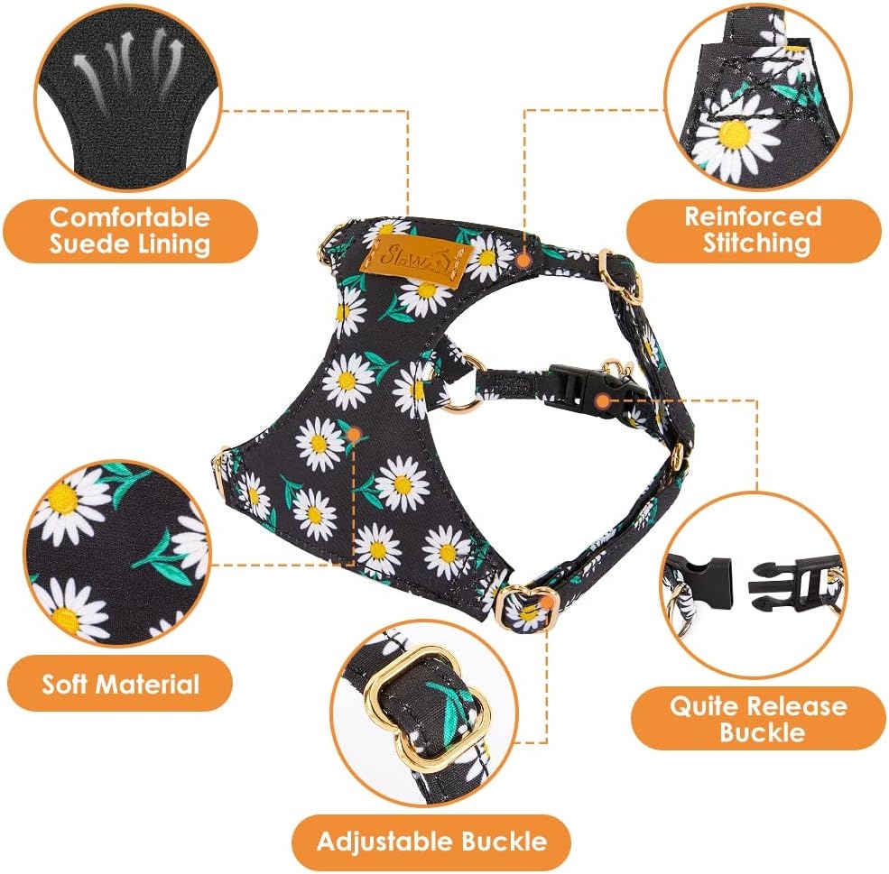 image:imageSlowTon Dog Harness Small Sized Dog Soft XXS Dog Harness and Leash Set No Pull No Chock Adjustable Lightweight Puppy Harness for XS Small Medium Dogs Cats Purple Dasiy XXSBlack Daisy