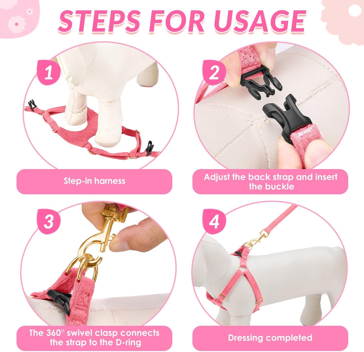 image:imageSlowTon Dog Harness Small Sized Dog Soft XXS Dog Harness and Leash Set No Pull No Chock Adjustable Lightweight Puppy Harness for XS Small Medium Dogs Cats Purple Dasiy XXSSolid Pink