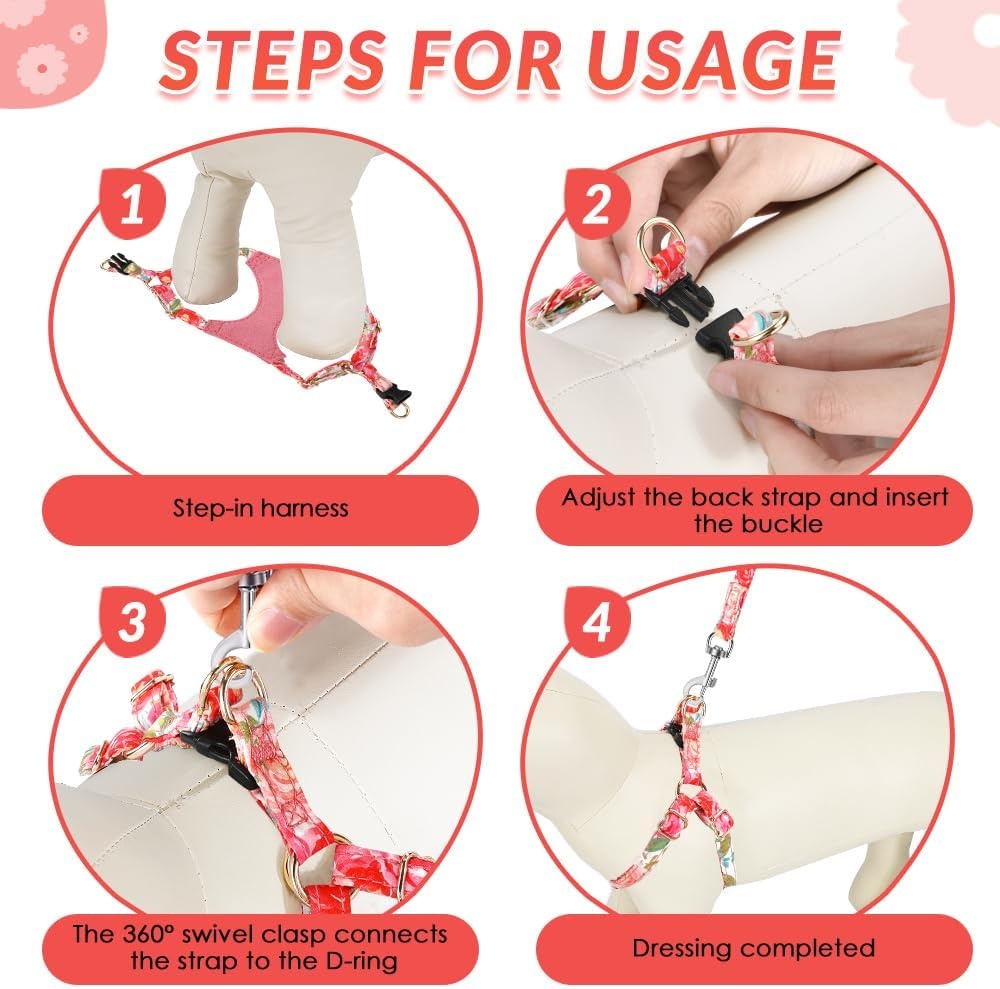 image:imageSlowTon Dog Harness Small Sized Dog Soft XXS Dog Harness and Leash Set No Pull No Chock Adjustable Lightweight Puppy Harness for XS Small Medium Dogs Cats Purple Dasiy XXSPink Rose