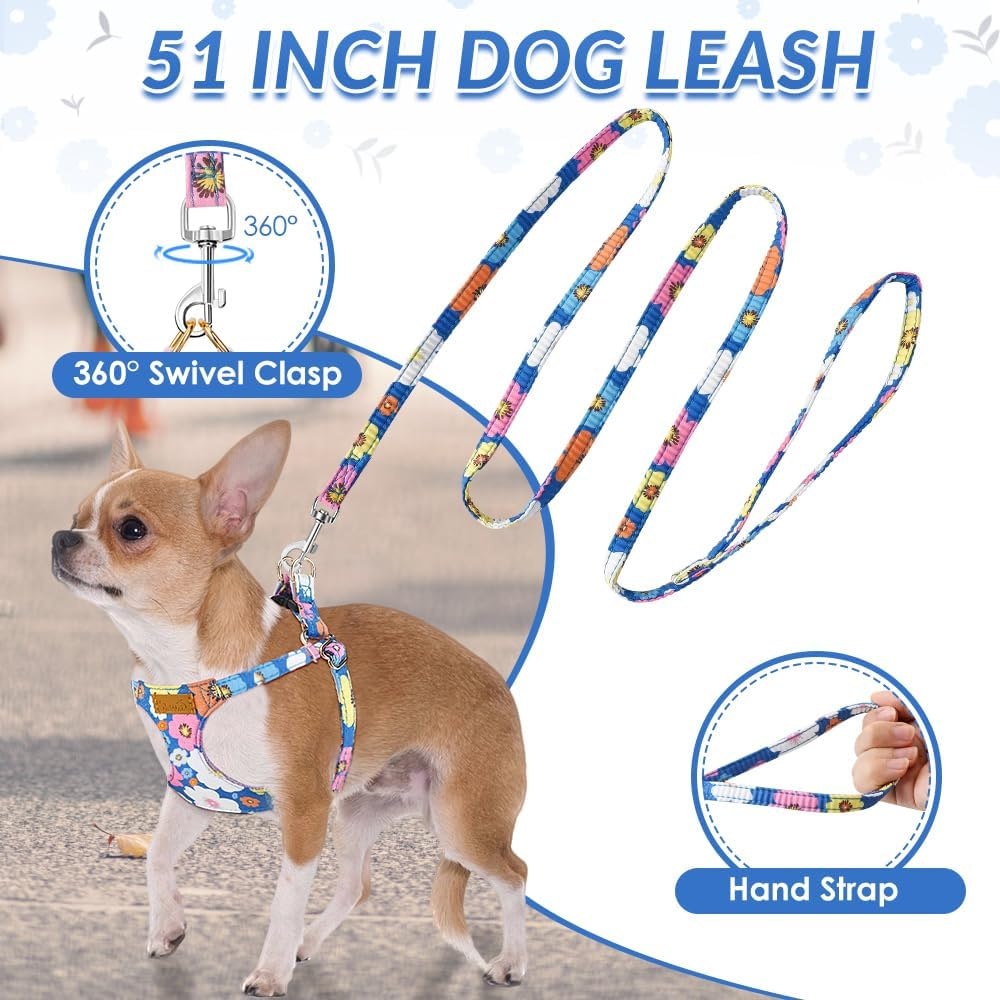 image:imageSlowTon Dog Harness Small Sized Dog Soft XXS Dog Harness and Leash Set No Pull No Chock Adjustable Lightweight Puppy Harness for XS Small Medium Dogs Cats Purple Dasiy XXSBlue Flower