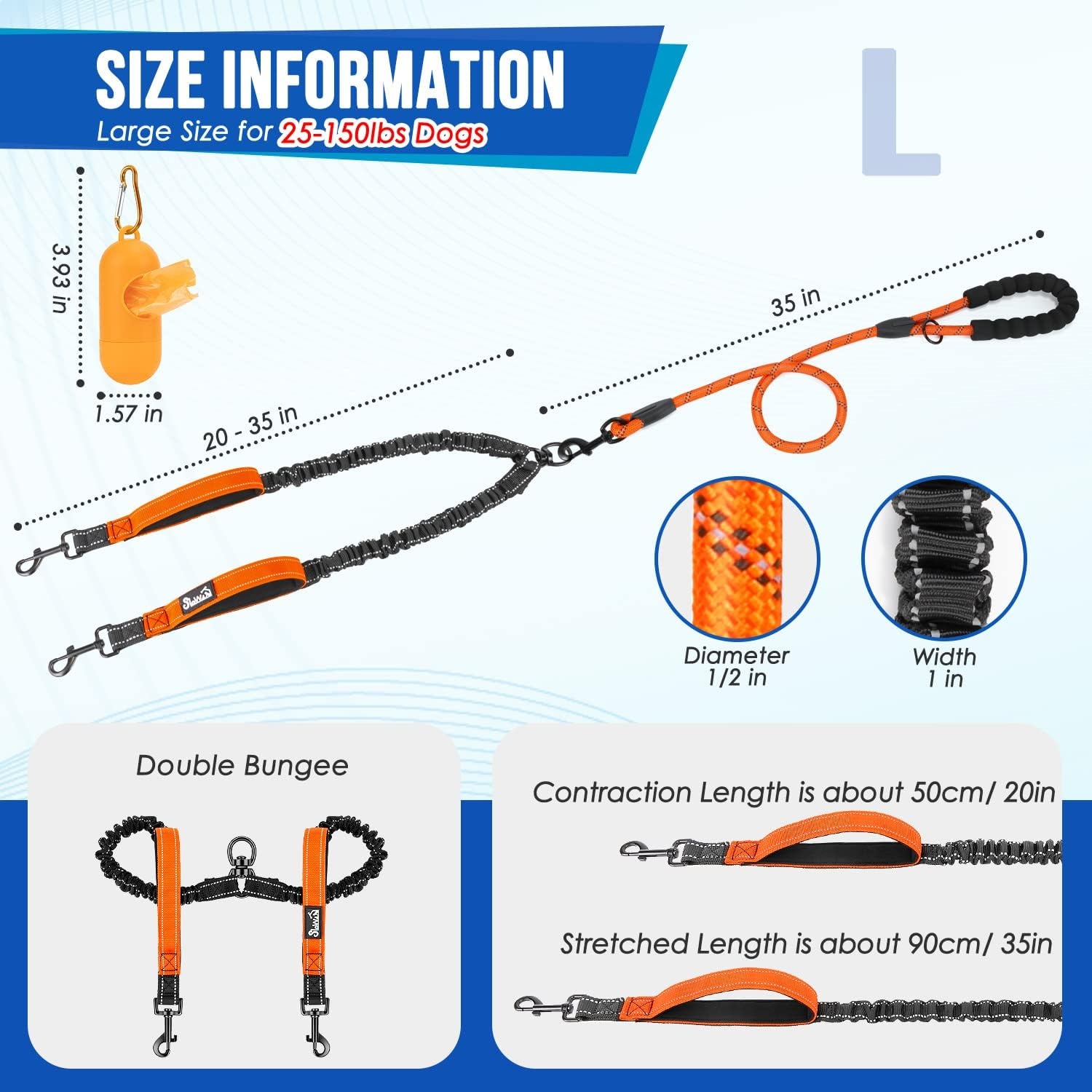 image:imageSlowTon Double Leash for Two Dogs No Tangle Dog Leash 360 Swivel Reflective Double Dog Leashes with Two Padded Handles Shock Absorbing Walking Training for Small Medium Dogs Black 835 lbsOrange