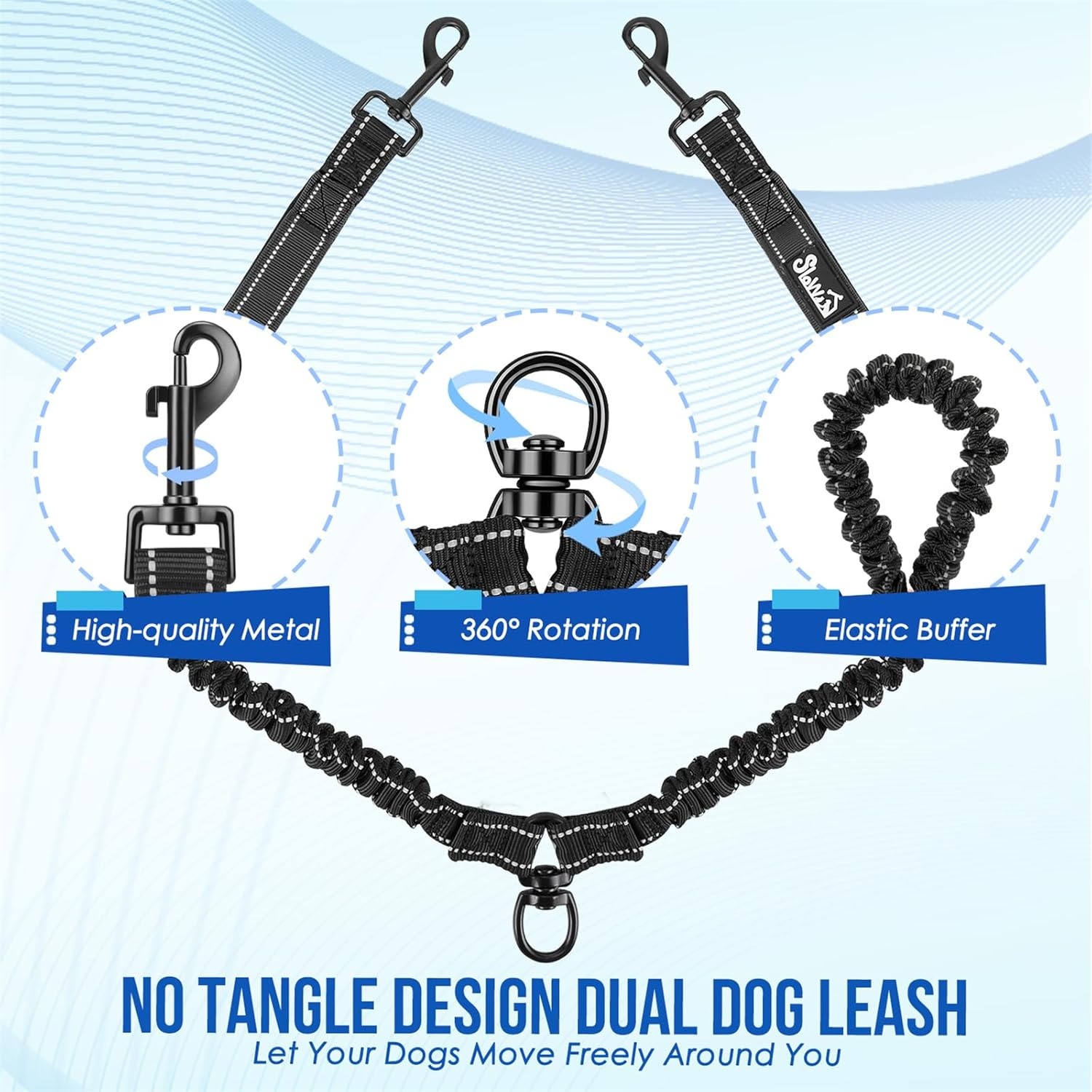 image:imageSlowTon Double Leash for Two Dogs No Tangle Dog Leash 360 Swivel Reflective Double Dog Leashes with Two Padded Handles Shock Absorbing Walking Training for Small Medium Dogs Black 835 lbsBlack