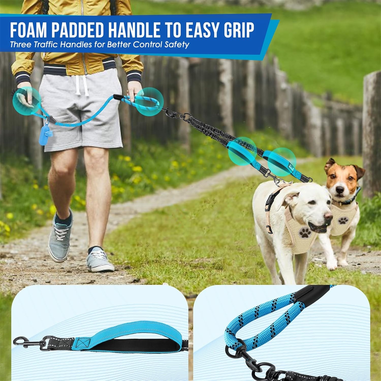 image:imageSlowTon Double Leash for Two Dogs No Tangle Dog Leash 360 Swivel Reflective Double Dog Leashes with Two Padded Handles Shock Absorbing Walking Training for Small Medium Dogs Black 835 lbsBlue