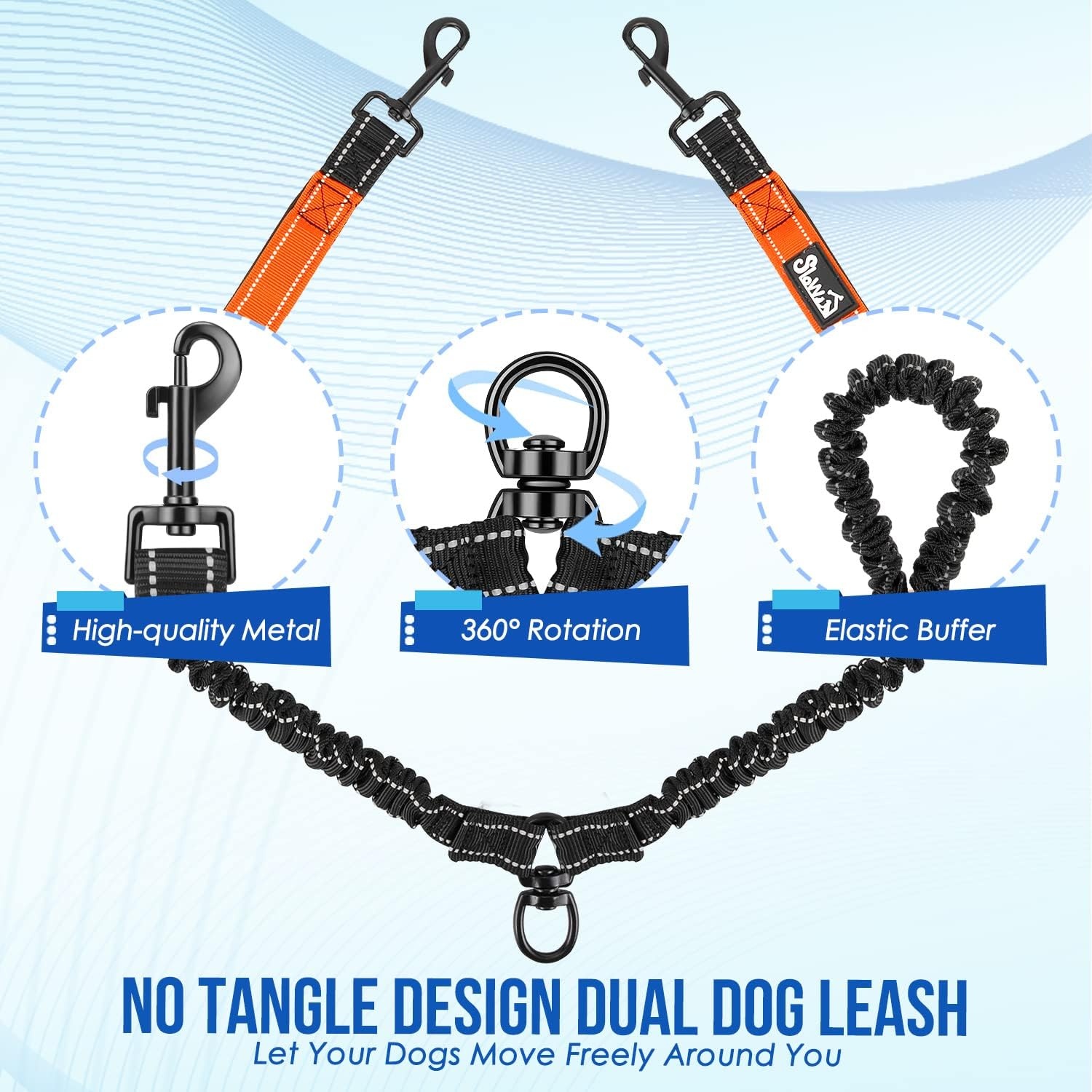 image:imageSlowTon Double Leash for Two Dogs No Tangle Dog Leash 360 Swivel Reflective Double Dog Leashes with Two Padded Handles Shock Absorbing Walking Training for Small Medium Dogs Black 835 lbsOrange