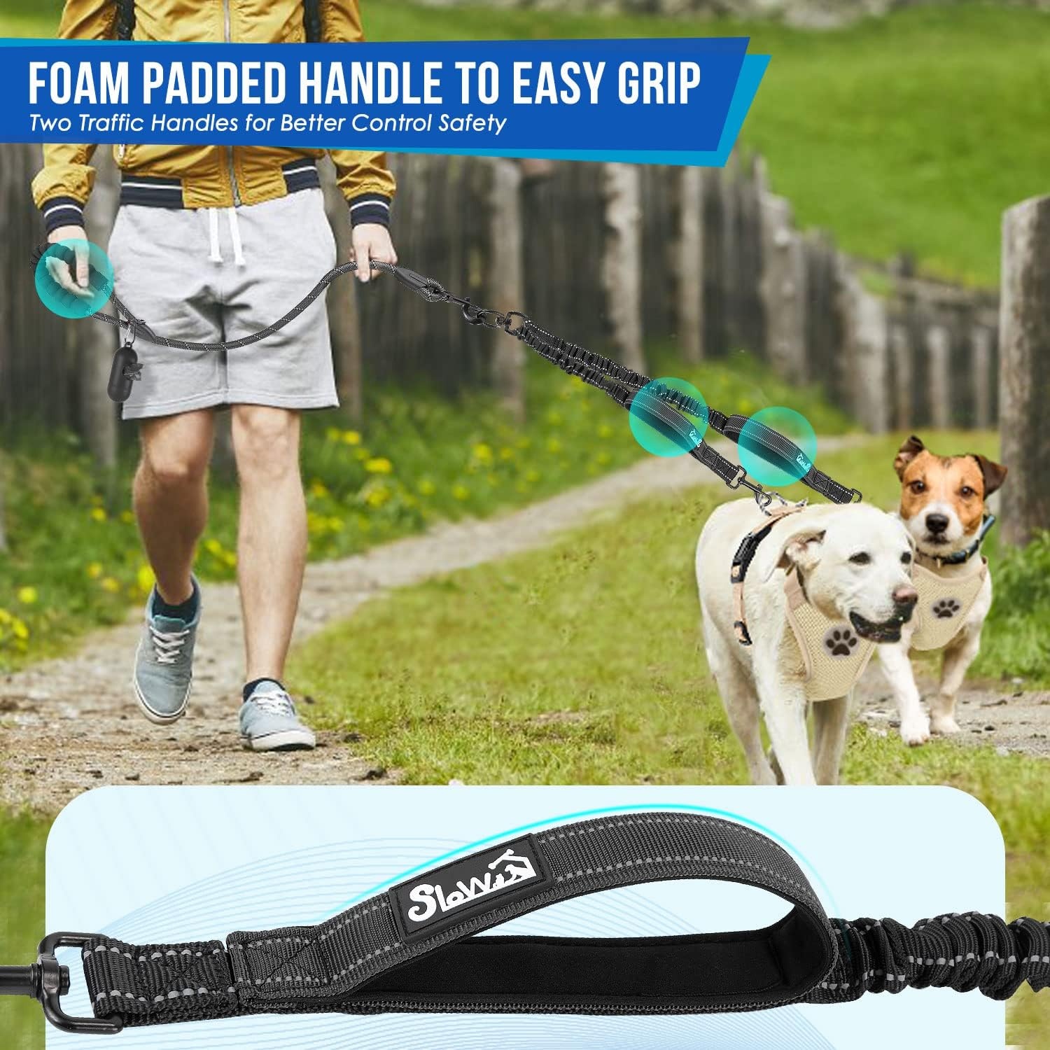 image:imageSlowTon Double Leash for Two Dogs No Tangle Dog Leash 360 Swivel Reflective Double Dog Leashes with Two Padded Handles Shock Absorbing Walking Training for Small Medium Dogs Black 835 lbsBlack