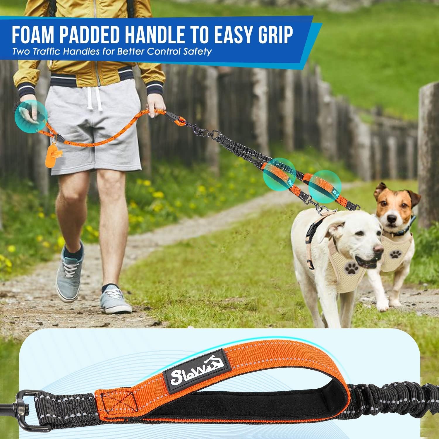 image:imageSlowTon Double Leash for Two Dogs No Tangle Dog Leash 360 Swivel Reflective Double Dog Leashes with Two Padded Handles Shock Absorbing Walking Training for Small Medium Dogs Black 835 lbsOrange
