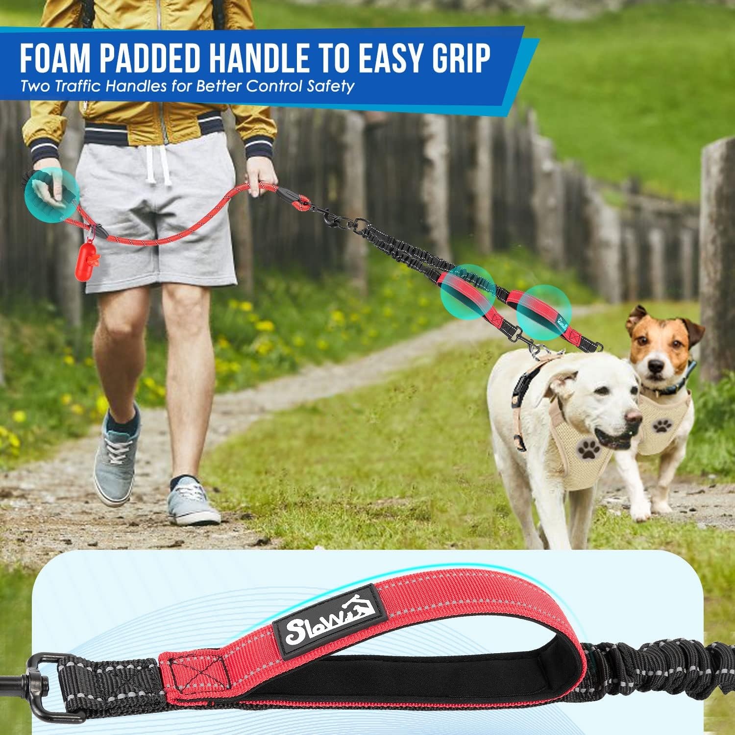 image:imageSlowTon Double Leash for Two Dogs No Tangle Dog Leash 360 Swivel Reflective Double Dog Leashes with Two Padded Handles Shock Absorbing Walking Training for Small Medium Dogs Black 835 lbs1Red