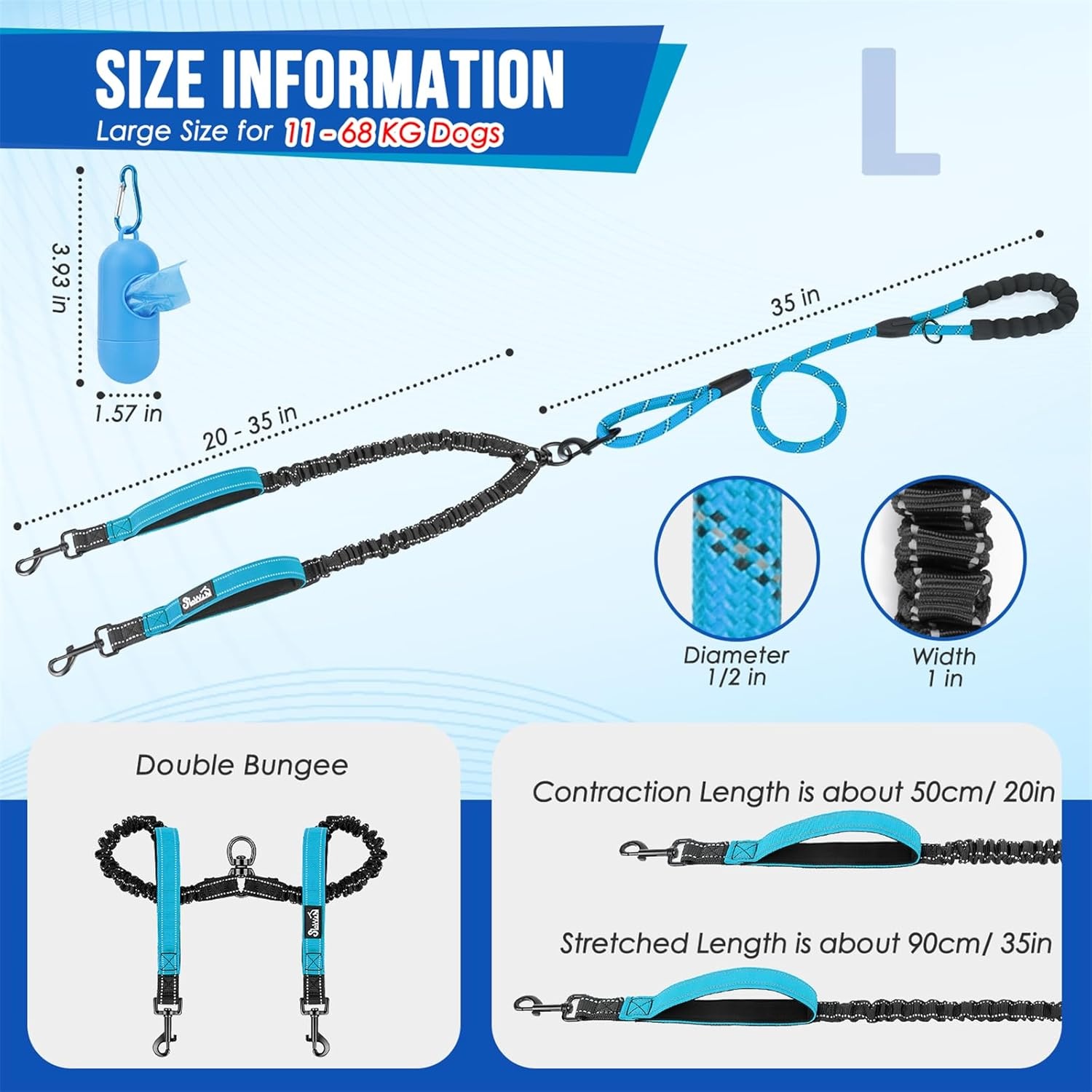 image:imageSlowTon Double Leash for Two Dogs No Tangle Dog Leash 360 Swivel Reflective Double Dog Leashes with Two Padded Handles Shock Absorbing Walking Training for Small Medium Dogs Black 835 lbsBlue