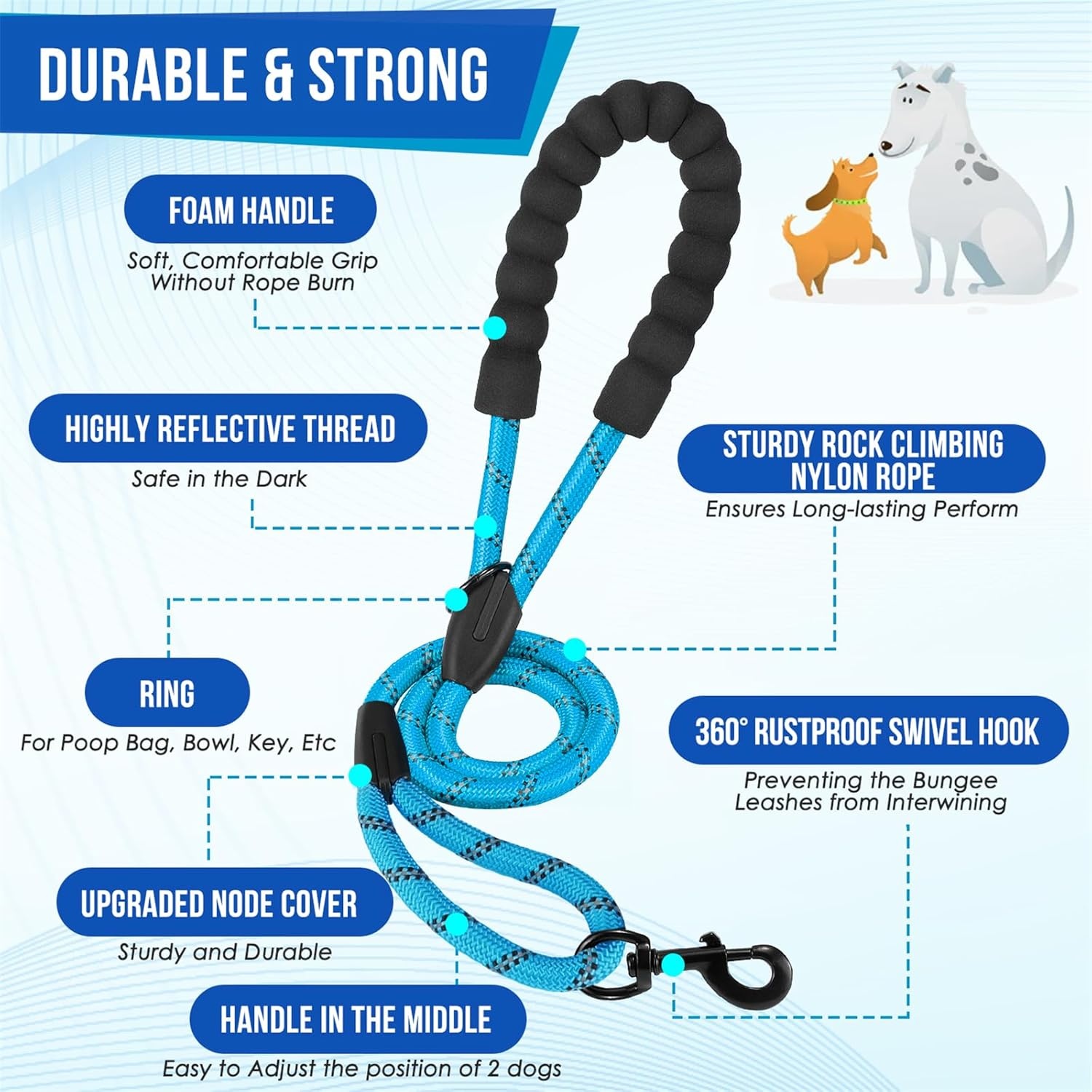 image:imageSlowTon Double Leash for Two Dogs No Tangle Dog Leash 360 Swivel Reflective Double Dog Leashes with Two Padded Handles Shock Absorbing Walking Training for Small Medium Dogs Black 835 lbsBlue