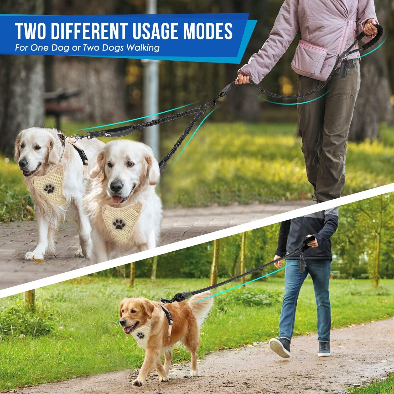 image:imageSlowTon Double Leash for Two Dogs No Tangle Dog Leash 360 Swivel Reflective Double Dog Leashes with Two Padded Handles Shock Absorbing Walking Training for Small Medium Dogs Black 835 lbsBlack