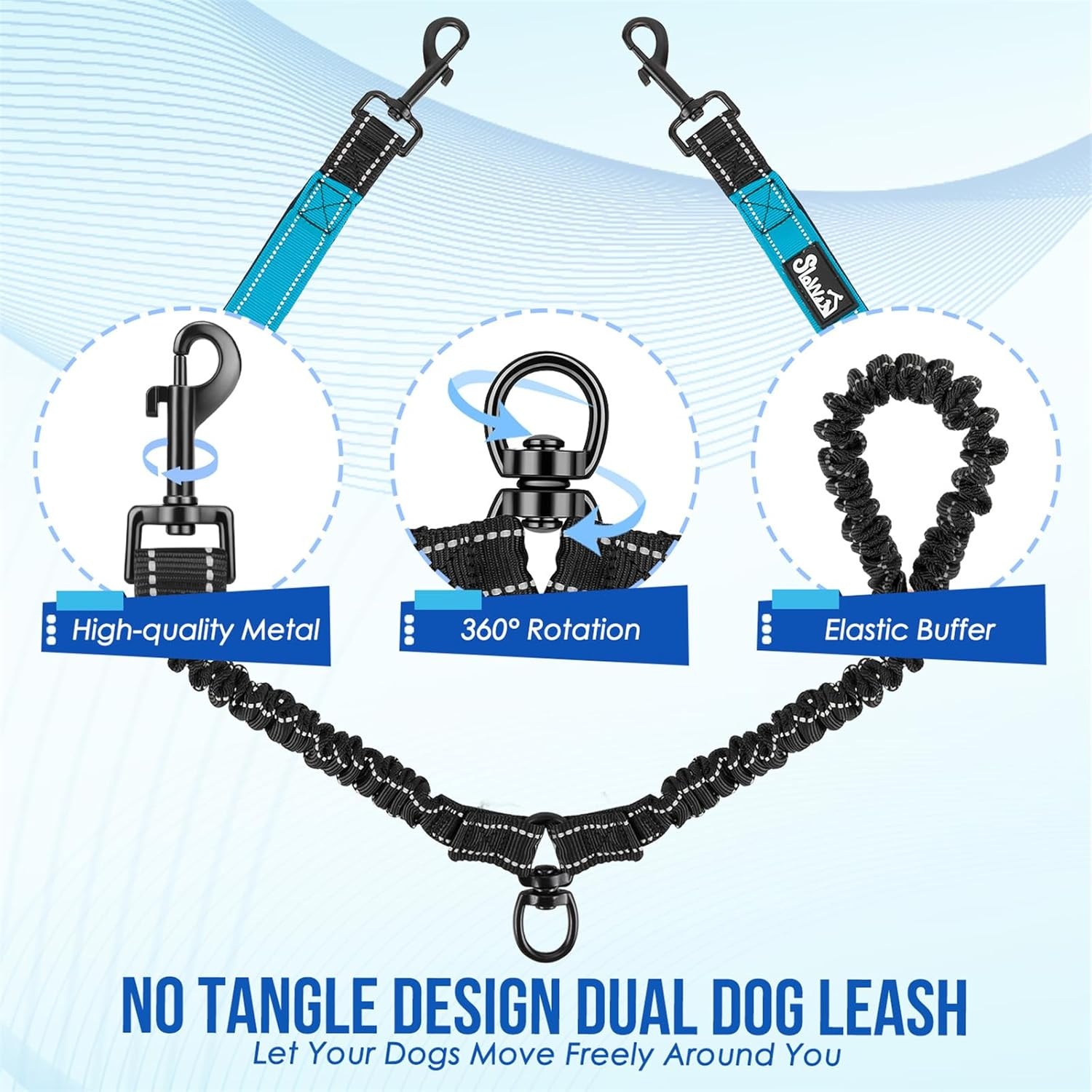 image:imageSlowTon Double Leash for Two Dogs No Tangle Dog Leash 360 Swivel Reflective Double Dog Leashes with Two Padded Handles Shock Absorbing Walking Training for Small Medium Dogs Black 835 lbsBlue