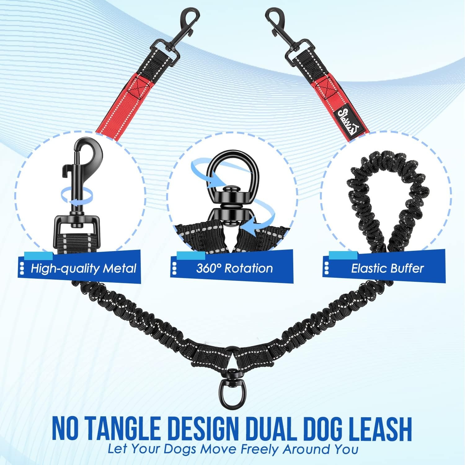 image:imageSlowTon Double Leash for Two Dogs No Tangle Dog Leash 360 Swivel Reflective Double Dog Leashes with Two Padded Handles Shock Absorbing Walking Training for Small Medium Dogs Black 835 lbs1Red