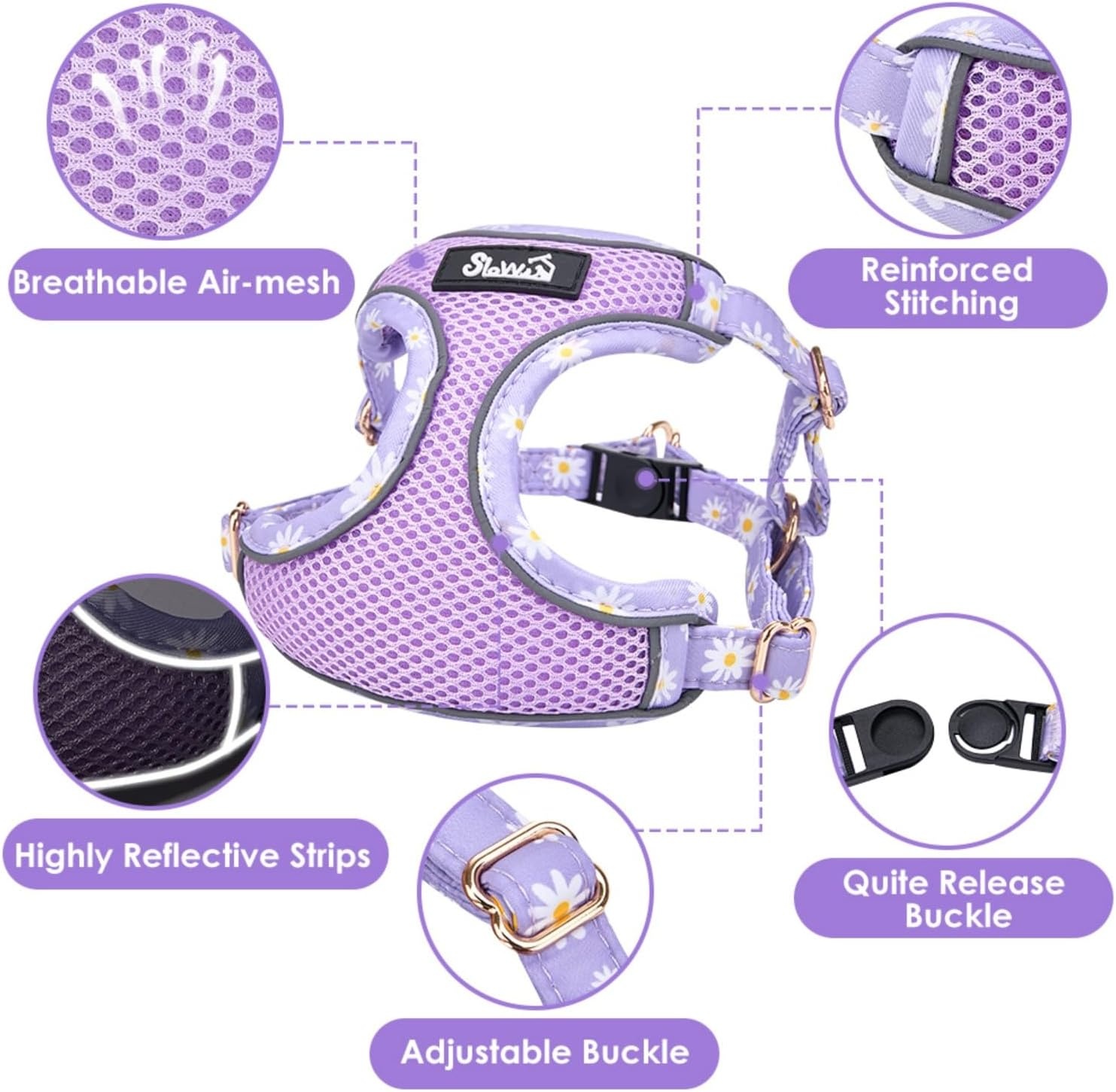 image:imageSlowTon Small Dog Harness No Pull Dog Harness and Leash Set Soft Mesh Lightweight Puppy Vest Harnesses Adjustable Pet Harnesses for XXS XS Small Medium Easy Walk Hiking Purple XXS2Purple Daisy