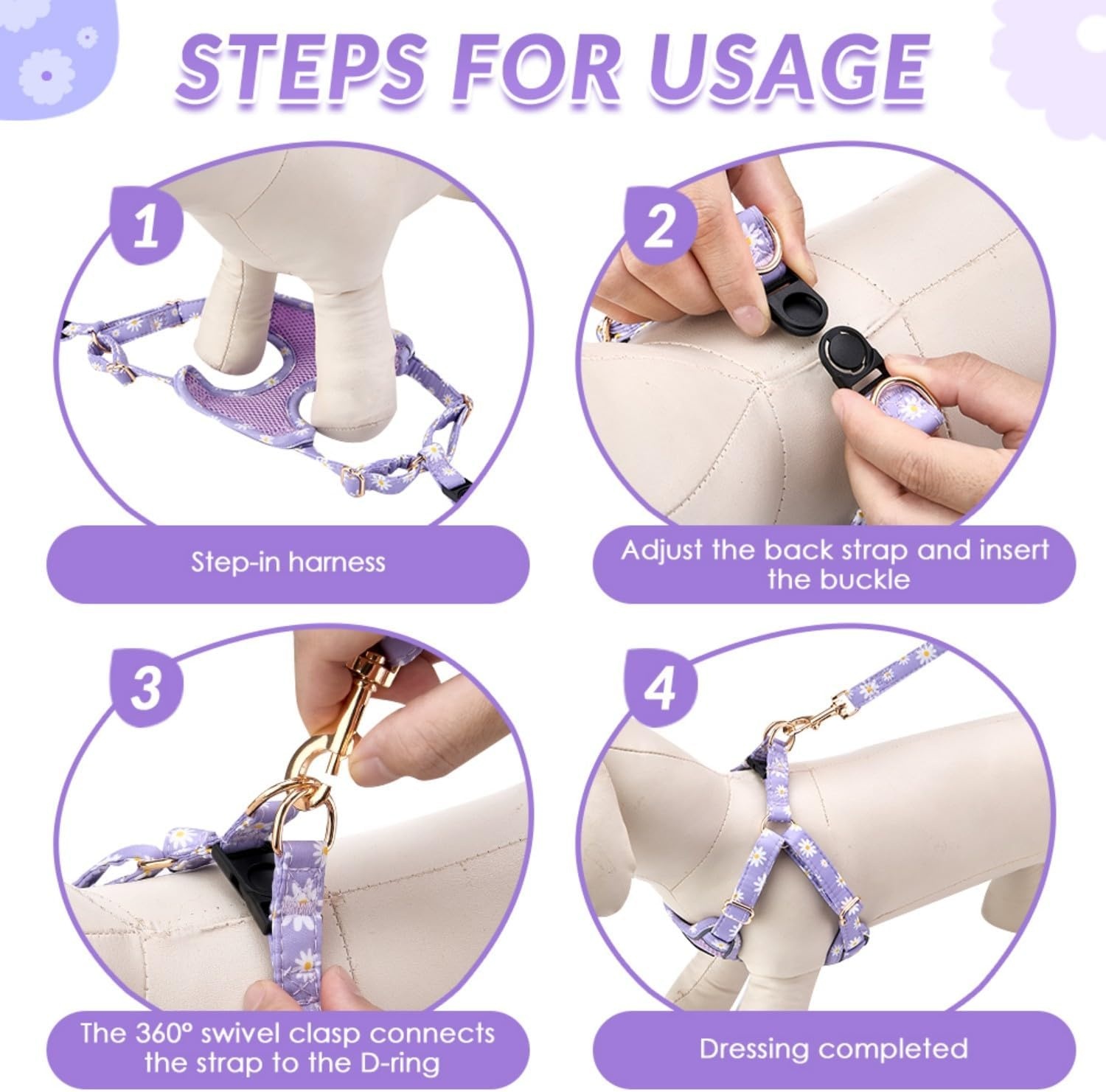 image:imageSlowTon Small Dog Harness No Pull Dog Harness and Leash Set Soft Mesh Lightweight Puppy Vest Harnesses Adjustable Pet Harnesses for XXS XS Small Medium Easy Walk Hiking Purple XXS2Purple Daisy