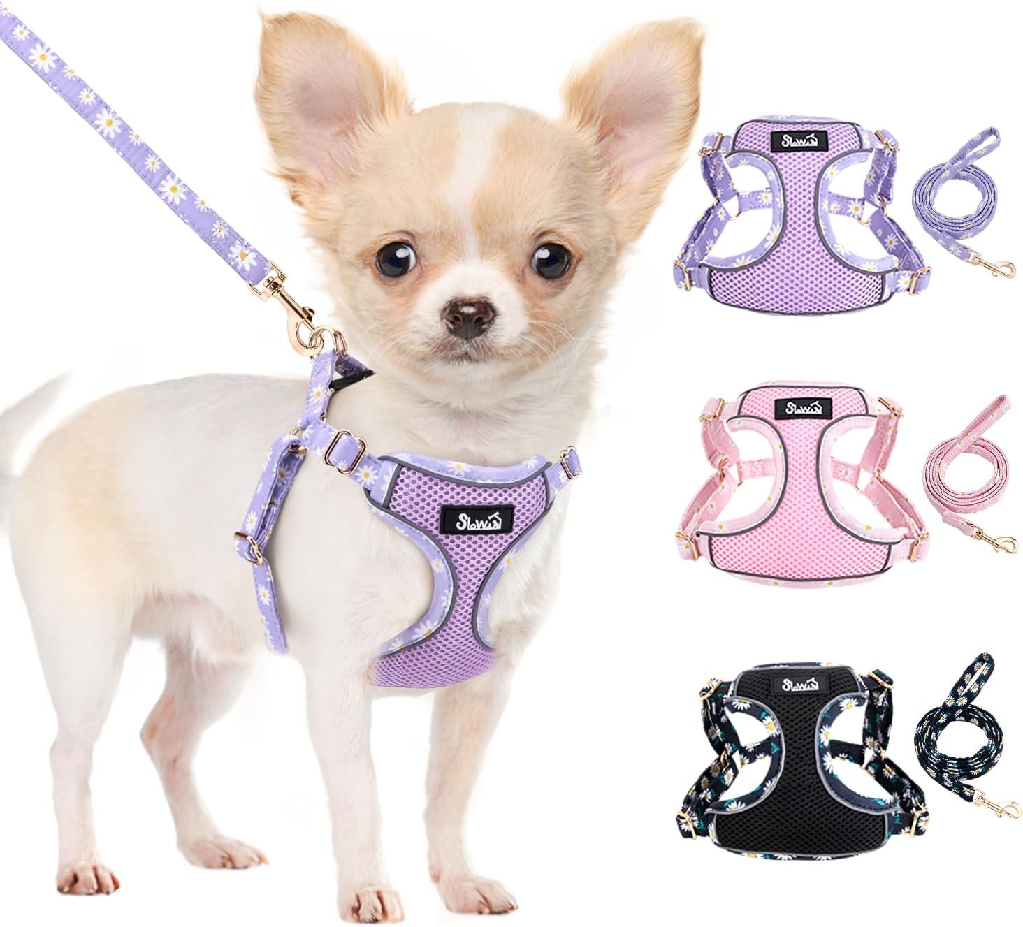 image:imageSlowTon Small Dog Harness No Pull Dog Harness and Leash Set Soft Mesh Lightweight Puppy Vest Harnesses Adjustable Pet Harnesses for XXS XS Small Medium Easy Walk Hiking Purple XXS2Purple Daisy