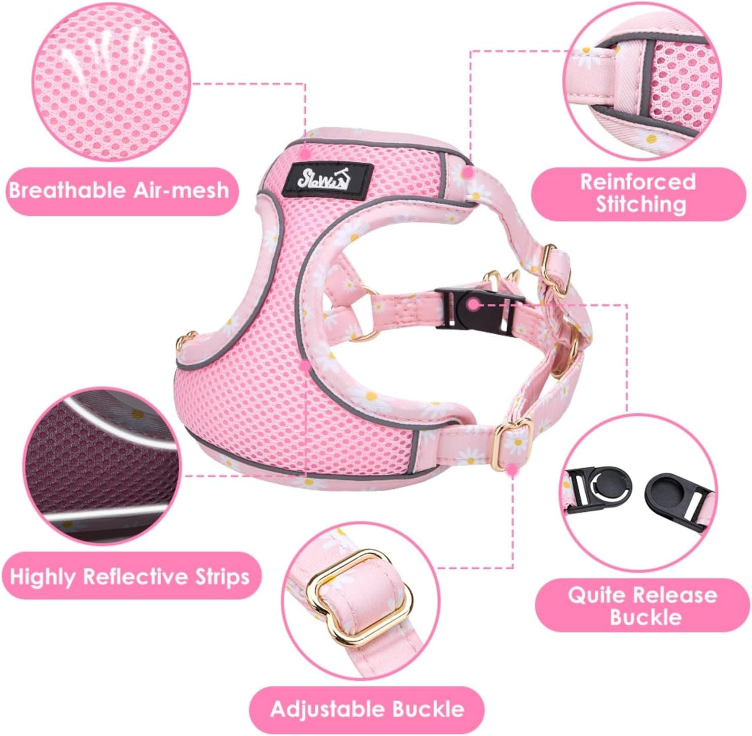 image:imageSlowTon Small Dog Harness No Pull Dog Harness and Leash Set Soft Mesh Lightweight Puppy Vest Harnesses Adjustable Pet Harnesses for XXS XS Small Medium Easy Walk Hiking Purple XXS1Pink Daisy