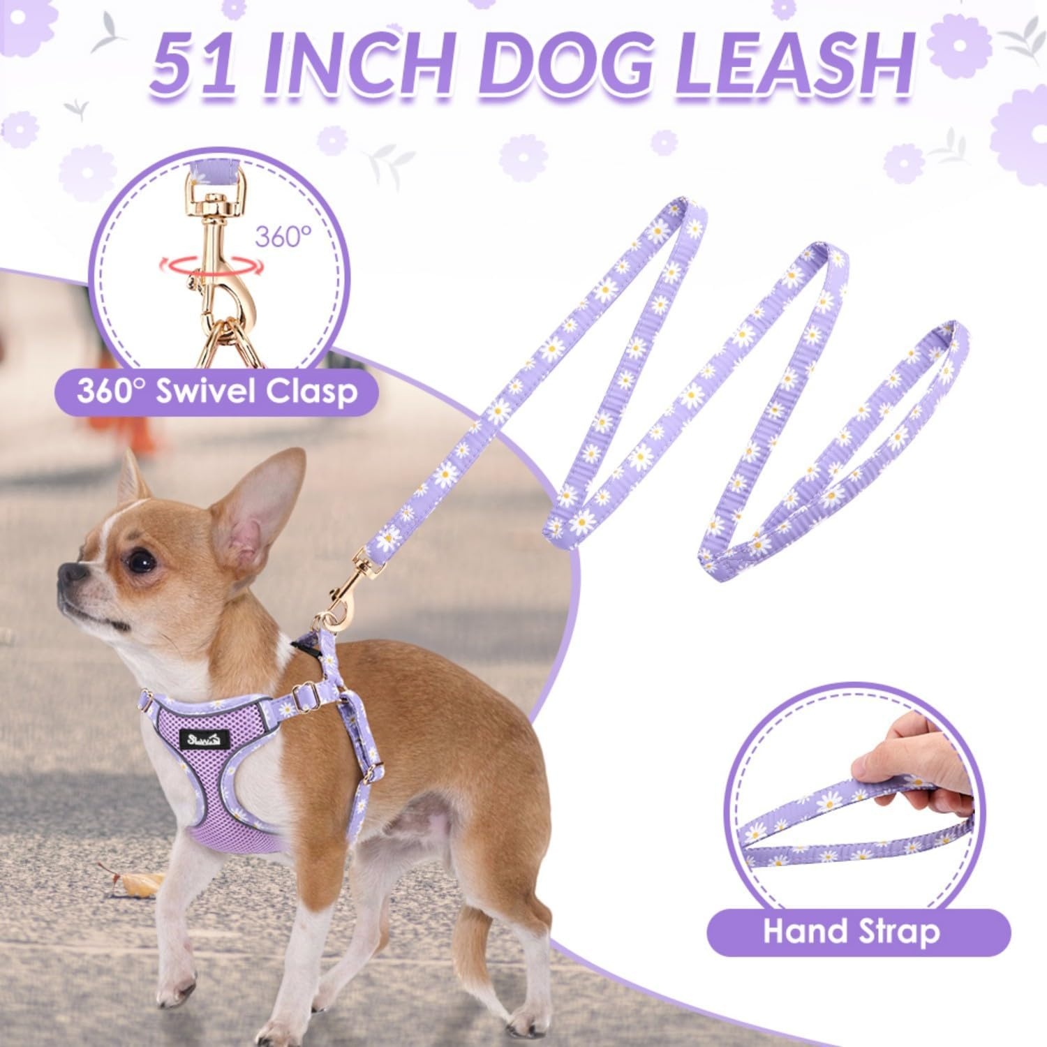 image:imageSlowTon Small Dog Harness No Pull Dog Harness and Leash Set Soft Mesh Lightweight Puppy Vest Harnesses Adjustable Pet Harnesses for XXS XS Small Medium Easy Walk Hiking Purple XXS2Purple Daisy