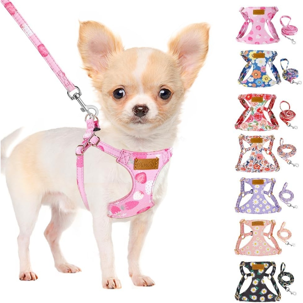 image:imageSlowTon Dog Harness Small Sized Dog Soft XXS Dog Harness and Leash Set No Pull No Chock Adjustable Lightweight Puppy Harness for XS Small Medium Dogs Cats Purple Dasiy XXSPink Strawberry