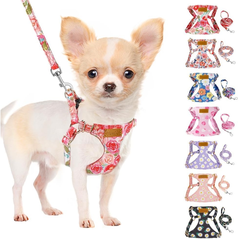 image:imageSlowTon Dog Harness Small Sized Dog Soft XXS Dog Harness and Leash Set No Pull No Chock Adjustable Lightweight Puppy Harness for XS Small Medium Dogs Cats Purple Dasiy XXSPink Rose