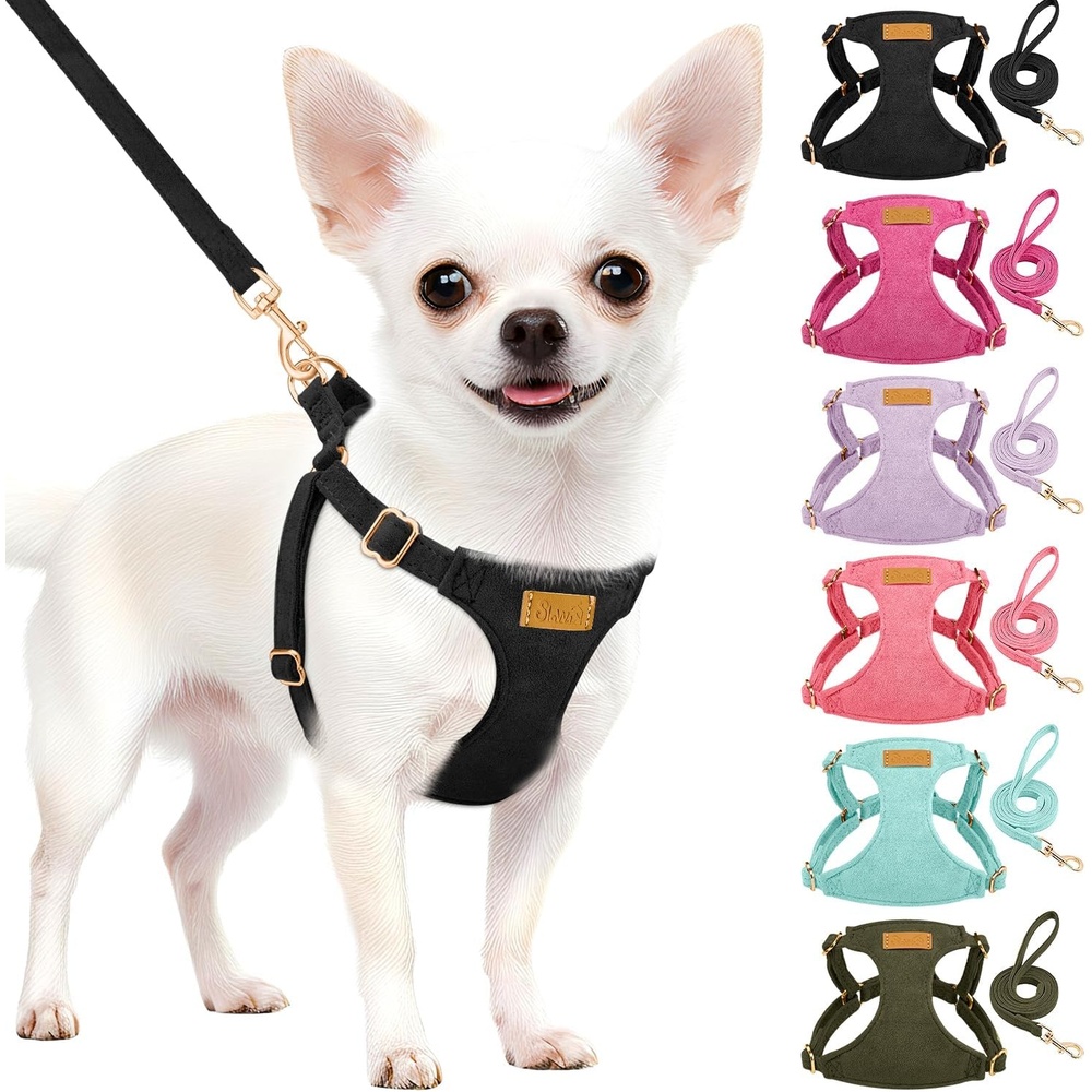image:imageSlowTon Dog Harness Small Sized Dog Soft XXS Dog Harness and Leash Set No Pull No Chock Adjustable Lightweight Puppy Harness for XS Small Medium Dogs Cats Purple Dasiy XXSSolid Black