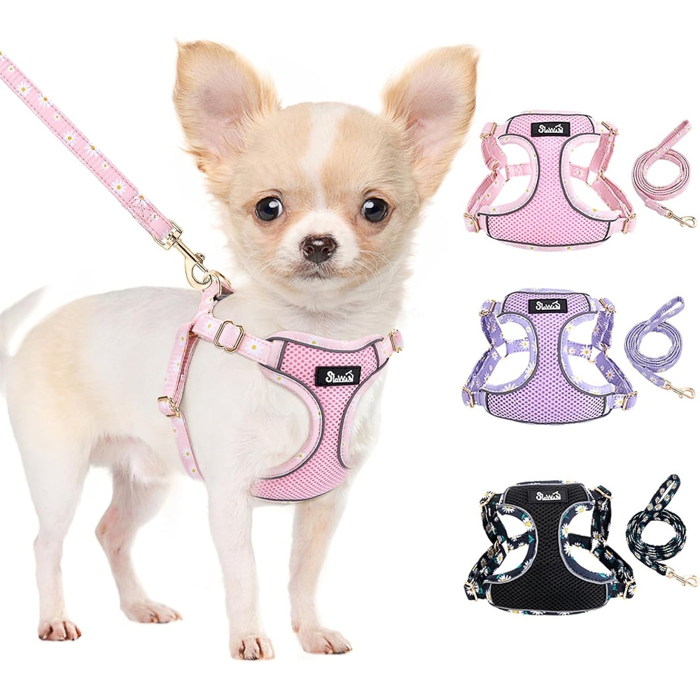 image:imageSlowTon Small Dog Harness No Pull Dog Harness and Leash Set Soft Mesh Lightweight Puppy Vest Harnesses Adjustable Pet Harnesses for XXS XS Small Medium Easy Walk Hiking Purple XXS1Pink Daisy